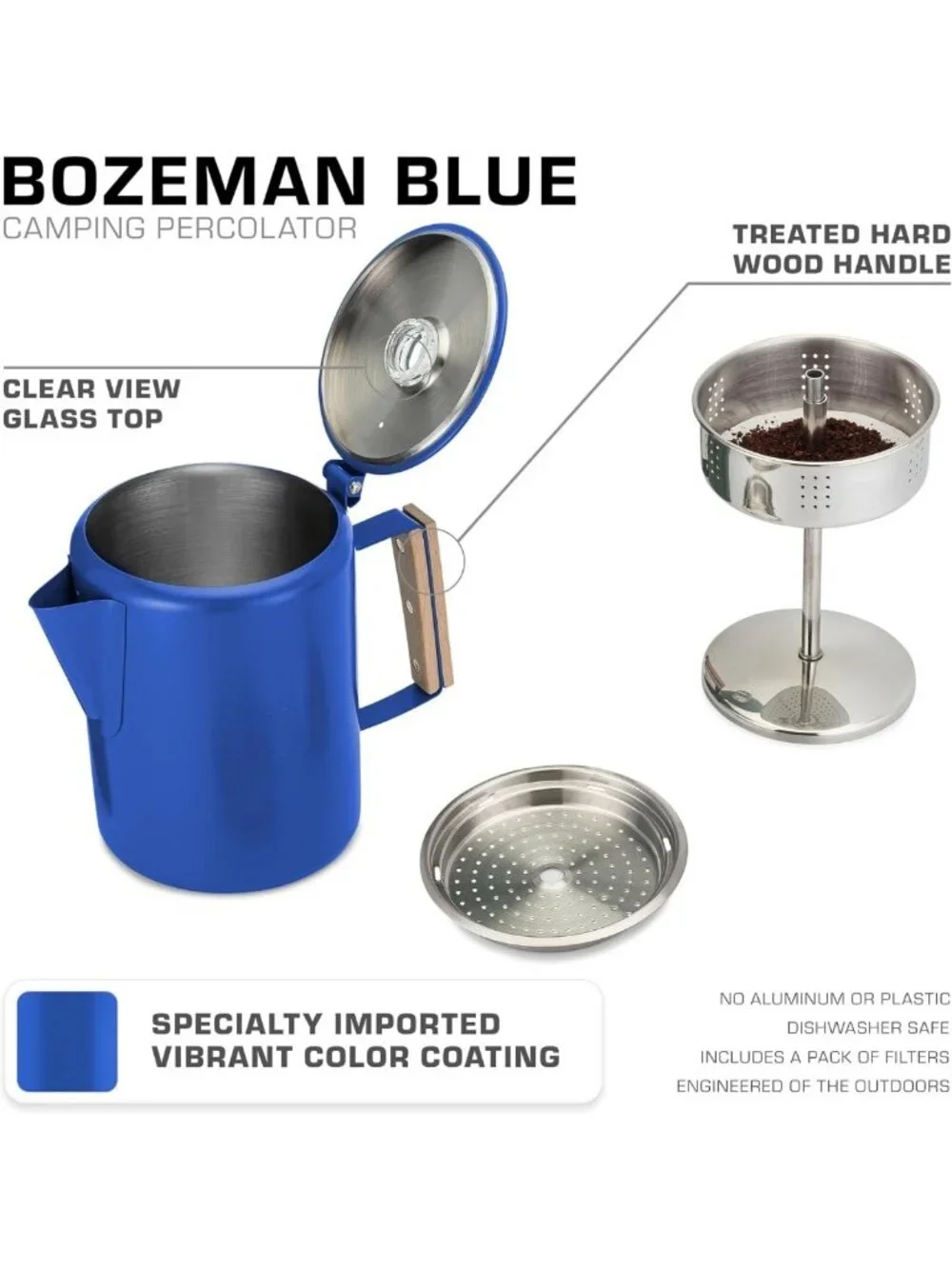 Blue Percolator Coffee Pot - 9 Cup Camping Coffee Maker - No Aluminum or Plastic